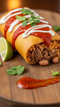 Appetizing beef burrito filled with rice and beans, topped with salsa and sour cream, served on a wooden board with lime and cilantro.の素材