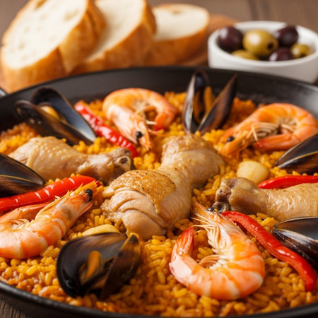 Savor the flavors of Spain with this vibrant seafood paella, featuring succulent shrimp, mussels, and chicken, perfect for culinary and food-related projects.の素材