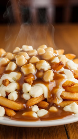 A steaming hot serving of poutine, a classic Canadian dish, featuring crispy fries topped with cheese curds and rich gravy.の素材