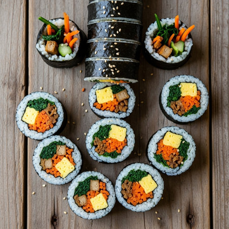Delicious Korean gimbap sushi rolls with vegetables, tofu, and sesame seeds on a rustic wooden table, perfect for food and cuisine conceptsの素材
