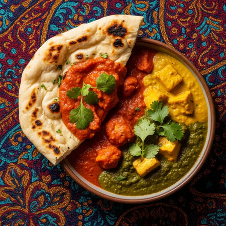 Appetizing Indian meal featuring assorted curries and naan bread, perfect for culinary and food-related projectsの素材