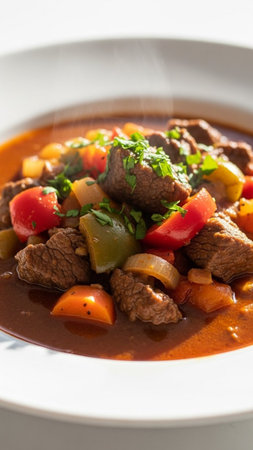 Delicious beef stew with tender chunks of meat, colorful vegetables, and fresh herbs served in a white bowl, perfect for comfort food conceptsの素材