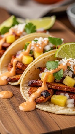 Tasty grilled chicken tacos topped with pineapple salsa, chipotle sauce, and fresh cilantro on a rustic wooden serving boardの素材