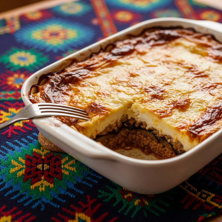 Savory baked cheesecake with a golden crust, served in a white dish on a colorful tablecloth, perfect for food and dessert conceptsの素材