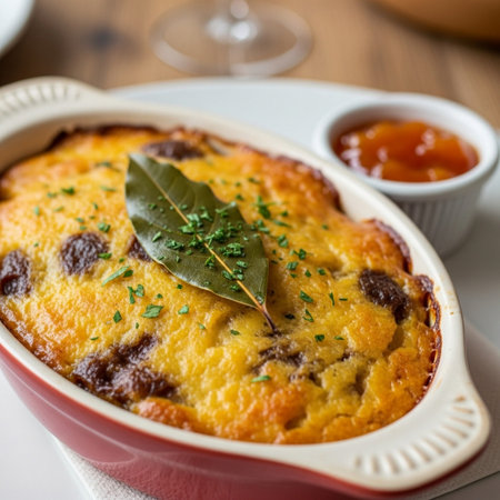 Gourmet savory meat pie topped with herbs and spices served in a ceramic baking dish with a side of sauce.の素材
