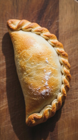 High-quality image of a freshly baked empanada on a rustic wooden table, ideal for food blogs, recipe books, and culinary projects.の素材