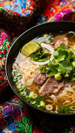 A steaming bowl of Vietnamese Pho with tender beef, fresh herbs, and lime on a colorful embroidered clothの素材