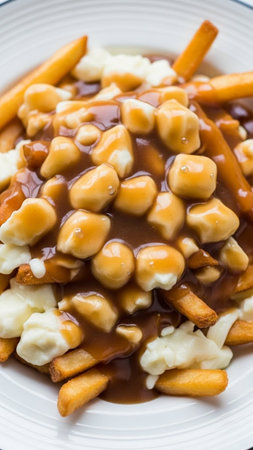 Appetizing Canadian poutine dish featuring crispy fries, melted cheese curds, and rich gravy, served on a clean white plate.の素材