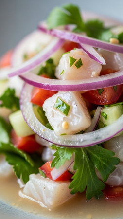 Delicious and healthy ceviche with raw fish, red onions, tomatoes, and cucumbers, perfect for food and culinary projects.の素材