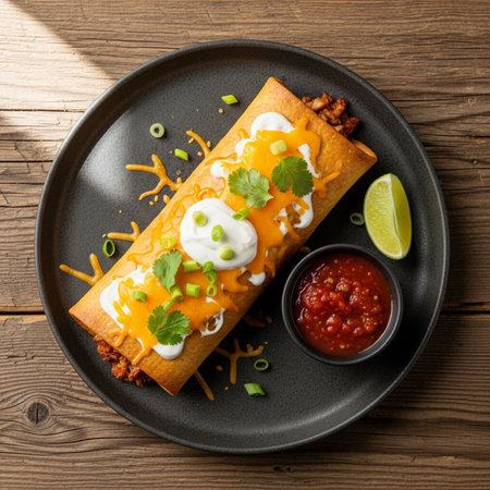 Appetizing beef burrito with melted cheese, sour cream, and salsa on a black plate, perfect for Mexican food advertisingの素材