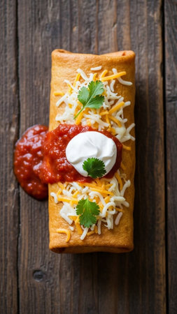 Tasty burrito filled with beef, topped with salsa, sour cream, and cheese, served on a wooden surface, perfect for Mexican food conceptsの素材