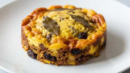 Delicious quiche with eggs, vegetables, and herbs served on a clean white plate, ideal for food and culinary conceptsの素材