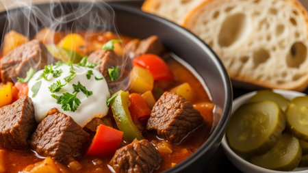 Delicious beef goulash stew served with sour cream, pickles, and crusty bread, perfect for a comforting meal or culinary conceptの素材