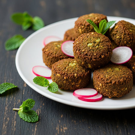 Appetizing falafel balls garnished with sliced radish and fresh mint leaves on a white plate, perfect for Middle Eastern cuisine advertisingの素材