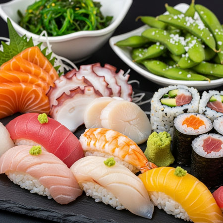 Delicious selection of sushi, sashimi, and edamame served on a slate plate, perfect for Japanese cuisine promotionsの素材