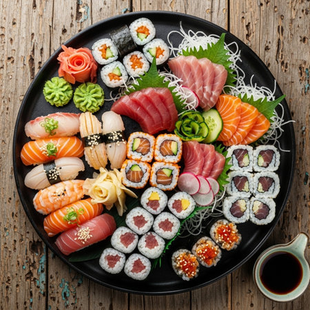 Delicious assortment of sushi, sashimi, and maki rolls served on a black platter with soy sauce on a rustic wooden tableの素材