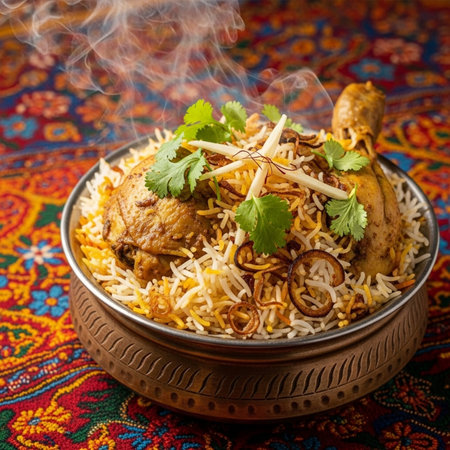 Delicious chicken biryani dish with fresh herbs and spicesの素材