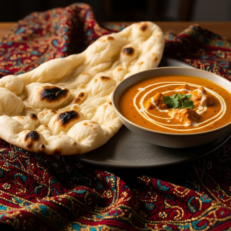 Authentic Indian cuisine featuring chicken tikka masala served with naan bread on a vibrant embroidered fabric, perfect for culinary conceptsの素材