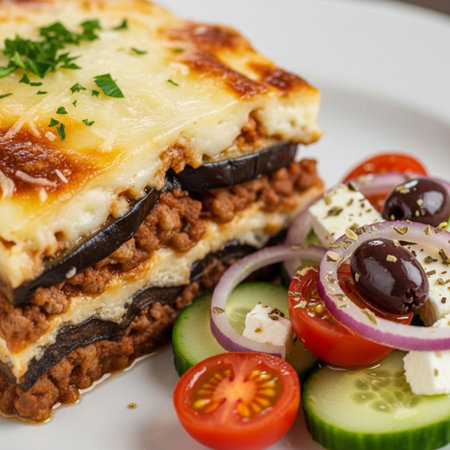 Appetizing Greek moussaka with layered eggplant, meat sauce, and bechamel, served with a fresh cucumber and tomato saladの素材