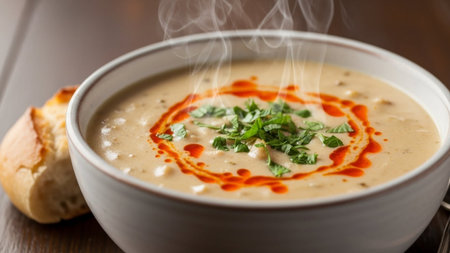 Delicious creamy soup with fresh herbs and breadの素材