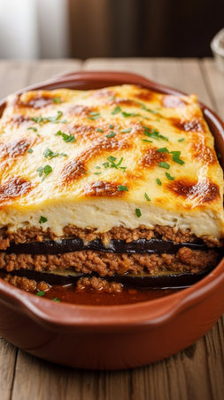 Delicious moussaka dish in clay baking dishの素材