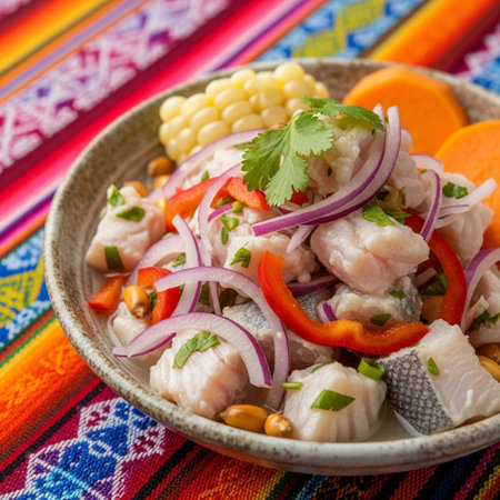 Delicious peruvian ceviche with corn and sweet potatoの素材