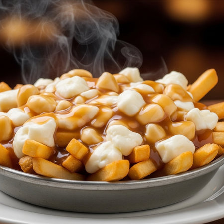 This appetizing close-up photograph showcases a generous serving of classic poutine, a popular Canadian dish. The base consists of golden-brown french fries, which are generously smothered in a rich, thick brown gravy. Interspersed throughout the dish are large, white cheese curds. Wisps of steam rise from the hot poutine, indicating its freshness and warmth. The dish is presented in a dark, metallic bowl, with a shallow depth of field focusing attention on the delicious texture of the food against a softly blurred background.の素材