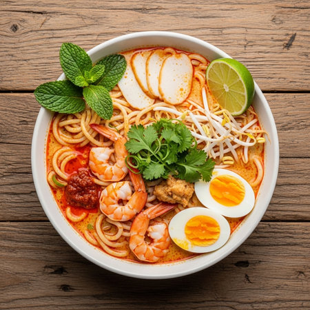 Delicious laksa noodle soup with shrimp and eggの素材
