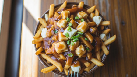 A top-down, high-angle close-up captures a generous serving of classic poutine in a rustic ceramic bowl. The golden-brown french fries serve as the base, generously smothered in a rich, dark gravy. Clusters of white cheese curds are scattered throughout the dish, some partially melted by the warm sauce, adding texture and flavor. The dish is presented on a rustic wooden table, possibly near a window, with natural light creating soft highlights and shadows, enhancing the appetizing appearance of the iconic comfort food.の素材