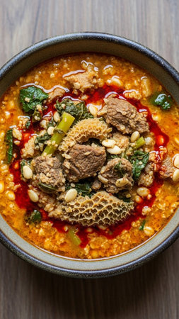 A high-angle close-up shot captures a deep, rustic-style bowl filled with a rich and savory stew. The stew contains generous chunks of tender beef and honeycomb tripe, mixed with green leafy vegetables and small white nuts or beans. A vibrant swirl of red spicy oil sits on top, adding a pop of color and suggesting a warm, flavorful kick. The bowl is placed on a simple wooden surface, emphasizing the traditional and hearty nature of the home-cooked meal. The lighting highlights the textures and colors of the ingredients, making the dish appear appetizing and comforting.の素材