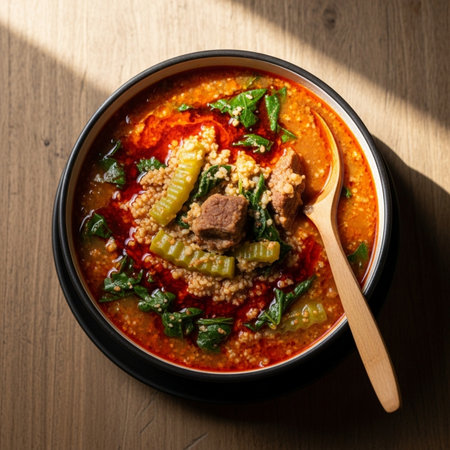 A top-down, close-up view captures a hearty bowl of rich stew served on a light wooden surface. The stew features generous chunks of beef, leafy green vegetables like spinach, and slices of a ridged green vegetable, possibly okra or bitter melon, all mixed in a thick, reddish-orange broth. The broth's surface glistens with swirls of red oil, suggesting a flavorful and potentially spicy profile. A substantial amount of small grains, resembling couscous or bulgur wheat, adds substance to the dish. A simple wooden spoon rests in the bowl on the right side, partially submerged in the stew. The scene is illuminated by strong directional light from the right, creating warm highlights and deep shadows that enhance the texture and appetizing quality of the home-cooked meal.の素材