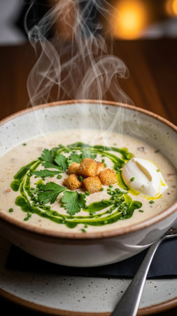 Delicious steaming hot creamy soup with fresh herbs and croutonsの素材