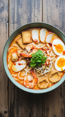 Delicious laksa noodle soup with shrimp and tofuの素材
