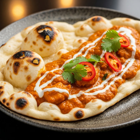 Delicious indian butter chicken with naan breadの素材