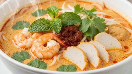 Delicious laksa with shrimp and chicken slices in aromatic brothの素材