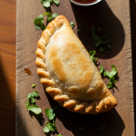 Delicious empanada on wooden board with fresh herbsの素材