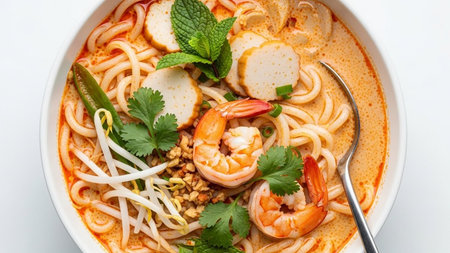 Delicious laksa noodle soup with shrimp and herbsの素材