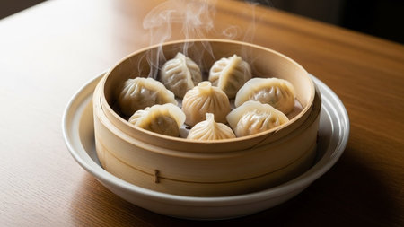 Steamed dumplings in bamboo steamer on wooden tableの素材