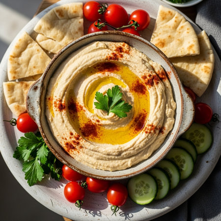 Delicious hummus with pita bread and vegetablesの素材