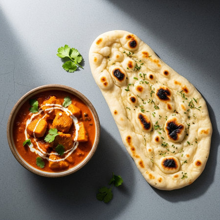 High-quality image of butter chicken in a bowl with naan bread, perfect for culinary and restaurant promotions.の素材