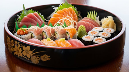 Beautifully presented sushi and sashimi platter in a traditional Japanese lacquer bowl, perfect for restaurant and food industry use.の素材