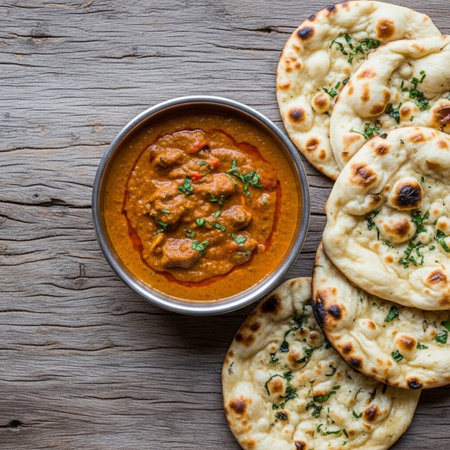 Savor the flavors of India with this mouth-watering butter chicken curry served with naan bread on a rustic wooden table, perfect for food and restaurant concepts.の素材