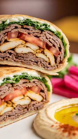 Delicious doner kebab sandwich cut in half, served with hummus and pickled turnips on the side, perfect for food and restaurant conceptsの素材