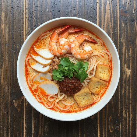Appetizing Laksa noodle soup with prawns, fish cake, and sambal in a bowl, served on a rustic wooden table, perfect for food and restaurant conceptsの素材