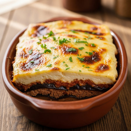 Appetizing Greek moussaka in a brown ceramic dish, topped with bechamel sauce and parsley, served on a wooden table.の素材