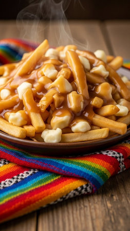Steaming hot poutine with crispy fries, cheese curds, and rich gravy served on a vibrant clothの素材