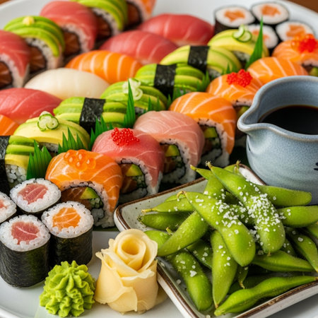 Delicious selection of sushi rolls, edamame, and soy sauce served on a white plate, perfect for Japanese cuisine promotionsの素材