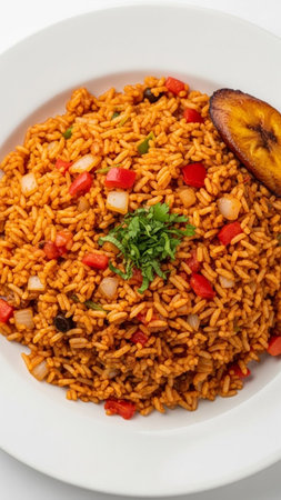 Appetizing jollof rice dish garnished with fresh herbs and served with fried plantain on a clean white plate, perfect for culinary and restaurant promotions.の素材