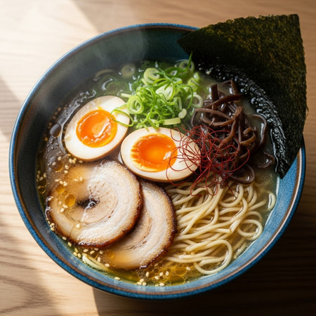 Delicious and savory ramen noodle soup with sliced pork, boiled egg, green onions, and seaweed served in a blue ceramic bowl on a wooden table.の素材