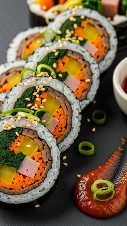 Delicious Korean kimbap rolls filled with vegetables, ham, and rice, served with spicy sauce on a dark slate backgroundの素材